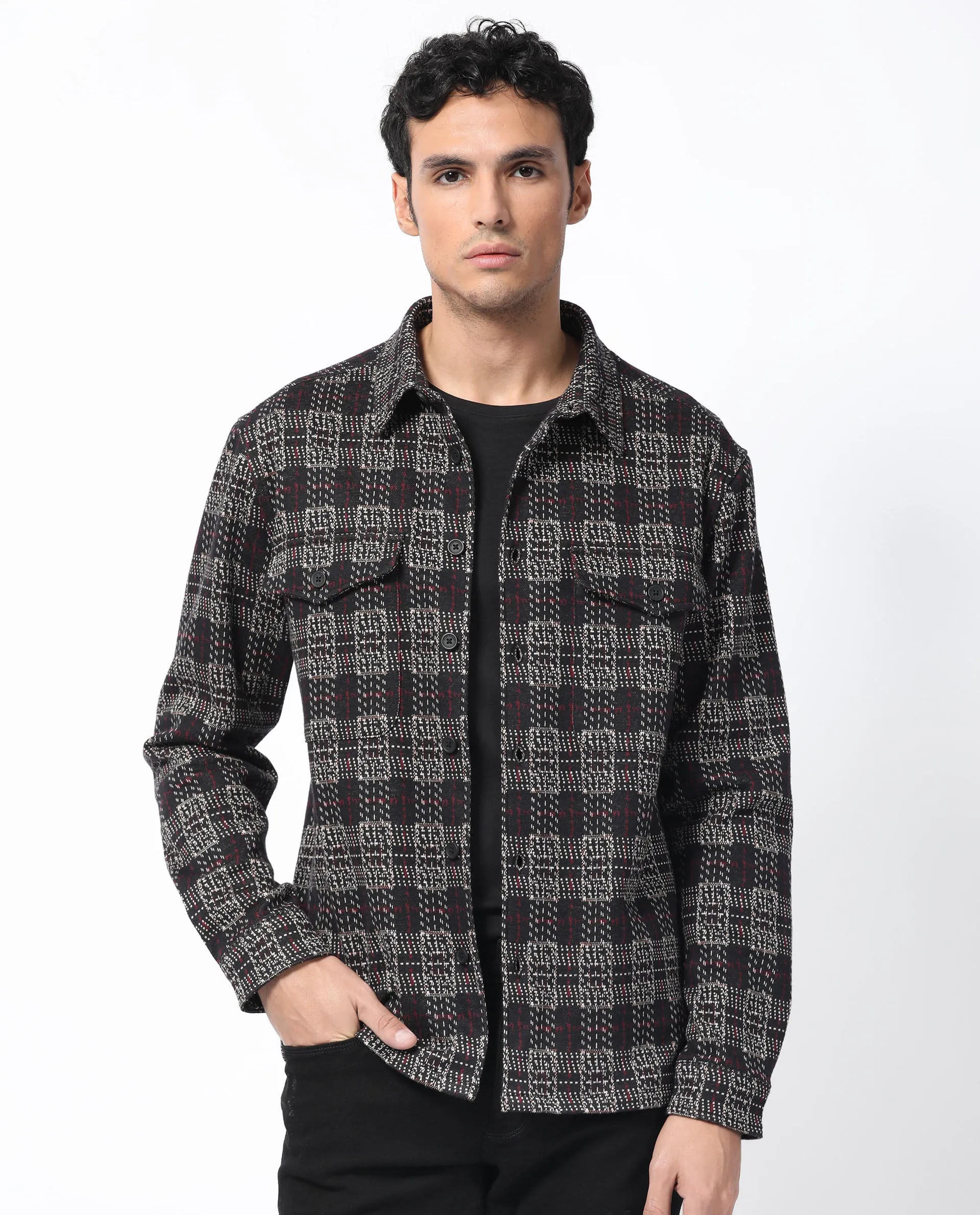 Rare Rabbit Men's Torija Black Cotton Polyester Fabric Full Sleeves Button Closure Checks Shacket