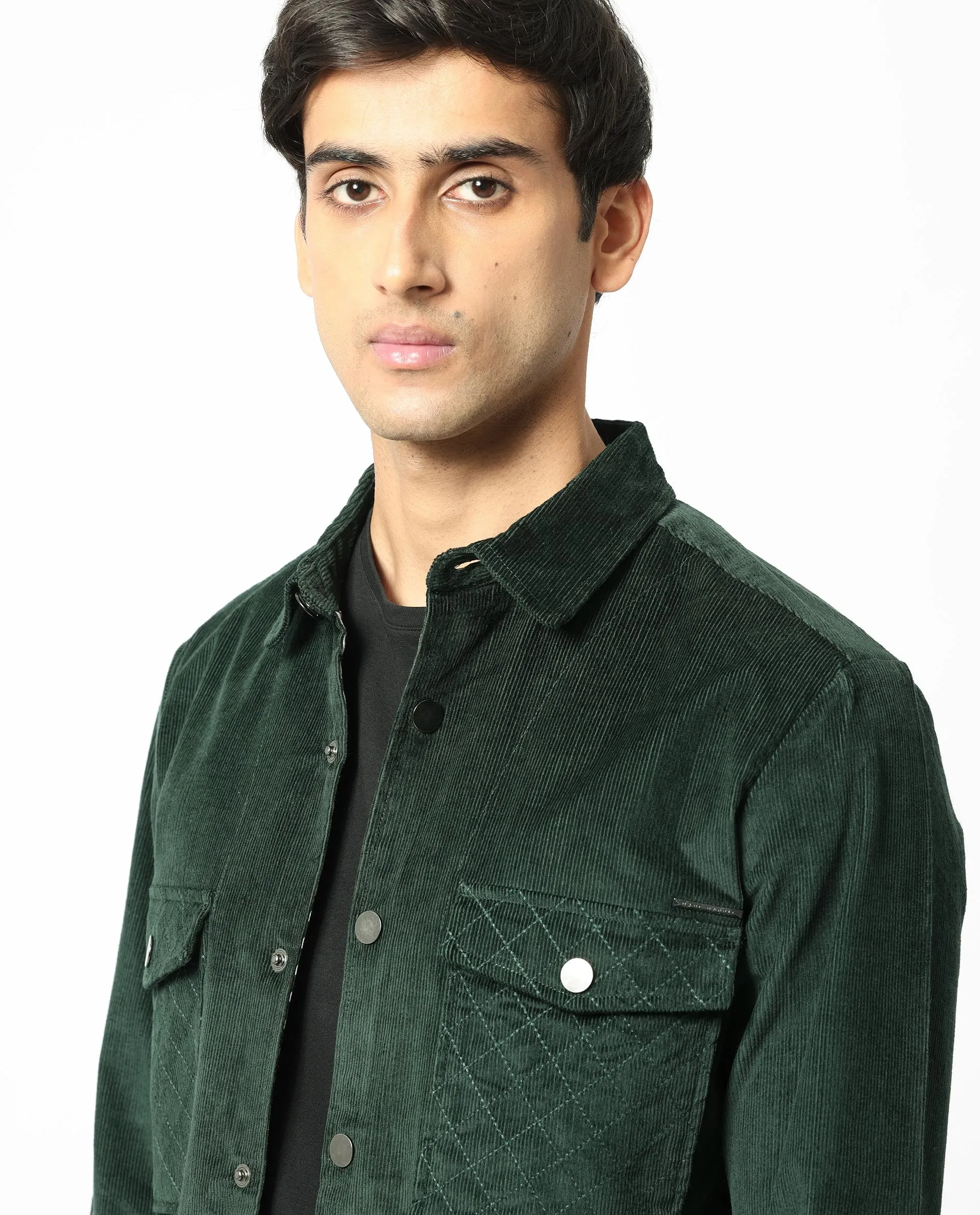 Rare Rabbit Men's Upto Dark Green Cotton Modal Fabric Full Sleeves Solid Corduroy Shacket