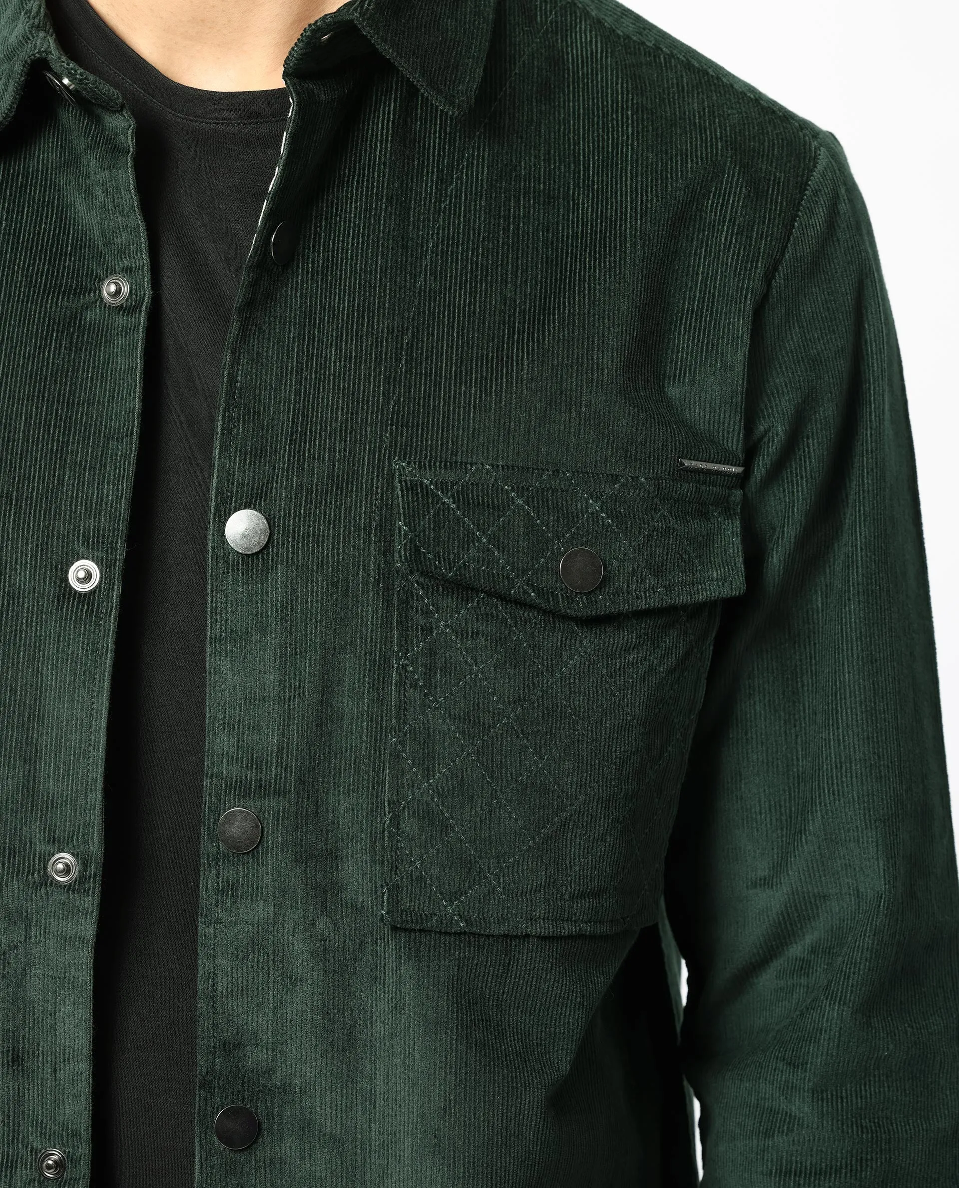 Rare Rabbit Men's Upto Dark Green Cotton Modal Fabric Full Sleeves Solid Corduroy Shacket