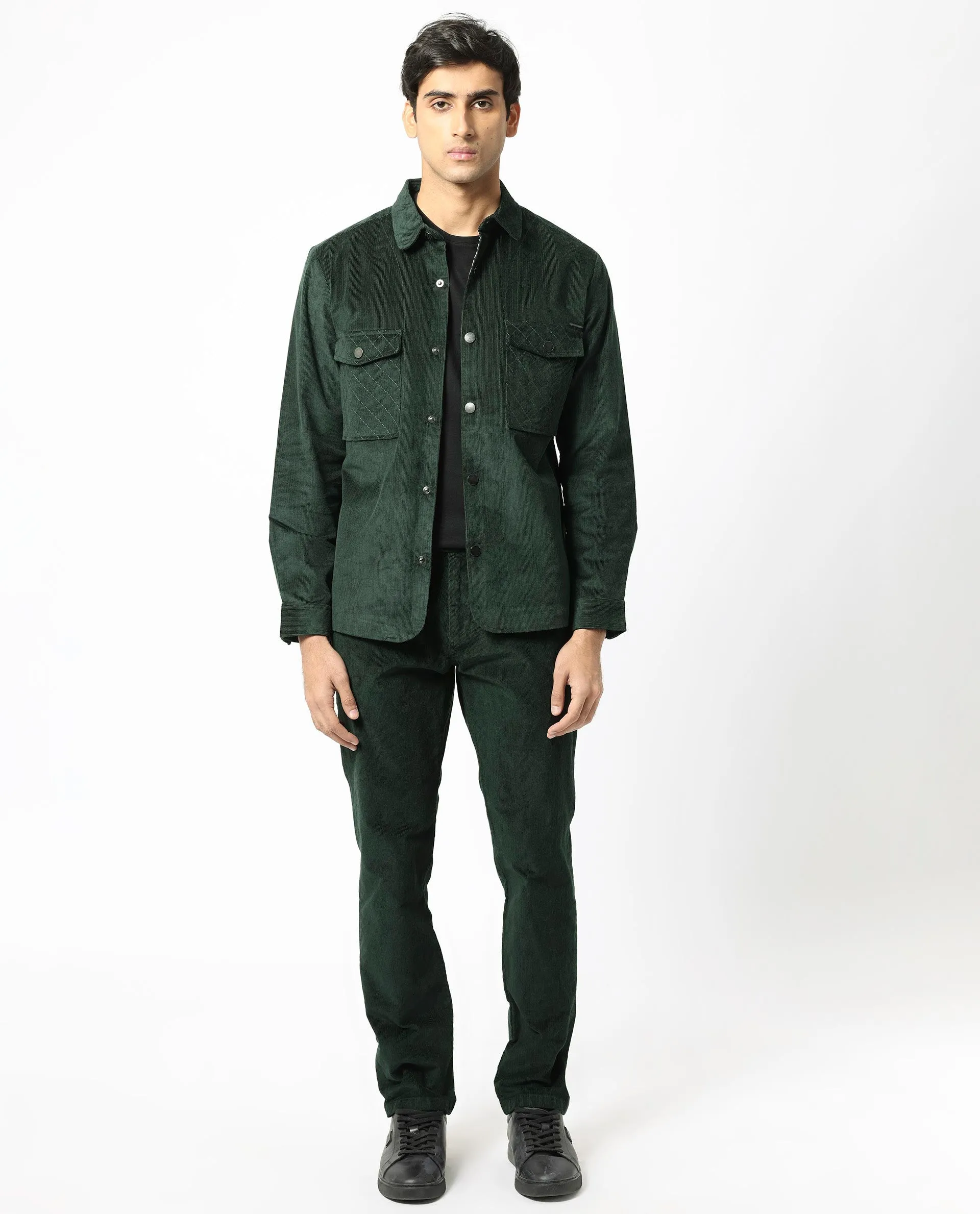 Rare Rabbit Men's Upto Dark Green Cotton Modal Fabric Full Sleeves Solid Corduroy Shacket