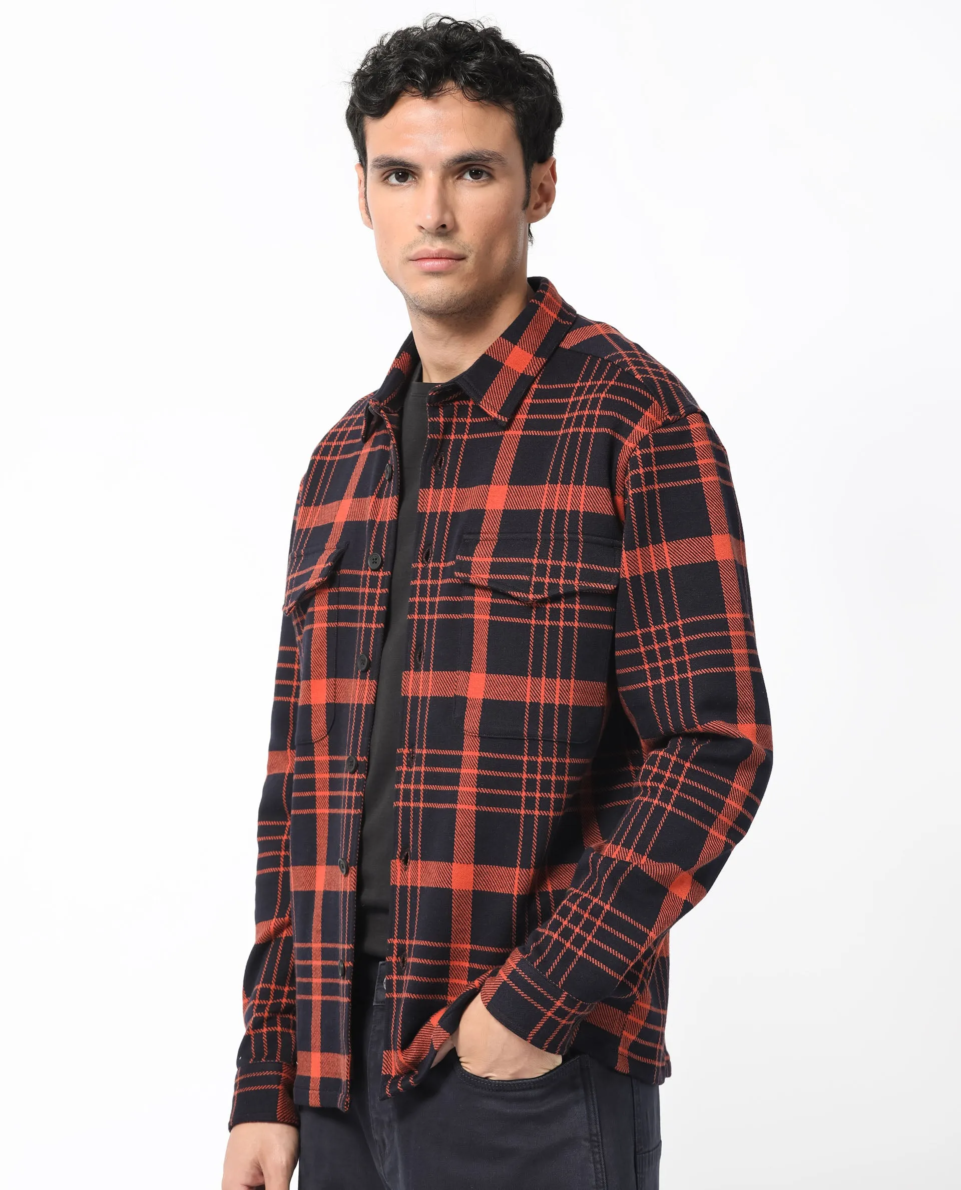 Rare Rabbit Men's Vega Black Cotton Polyester Fabric Full Sleeves Button Closure Checks Shacket