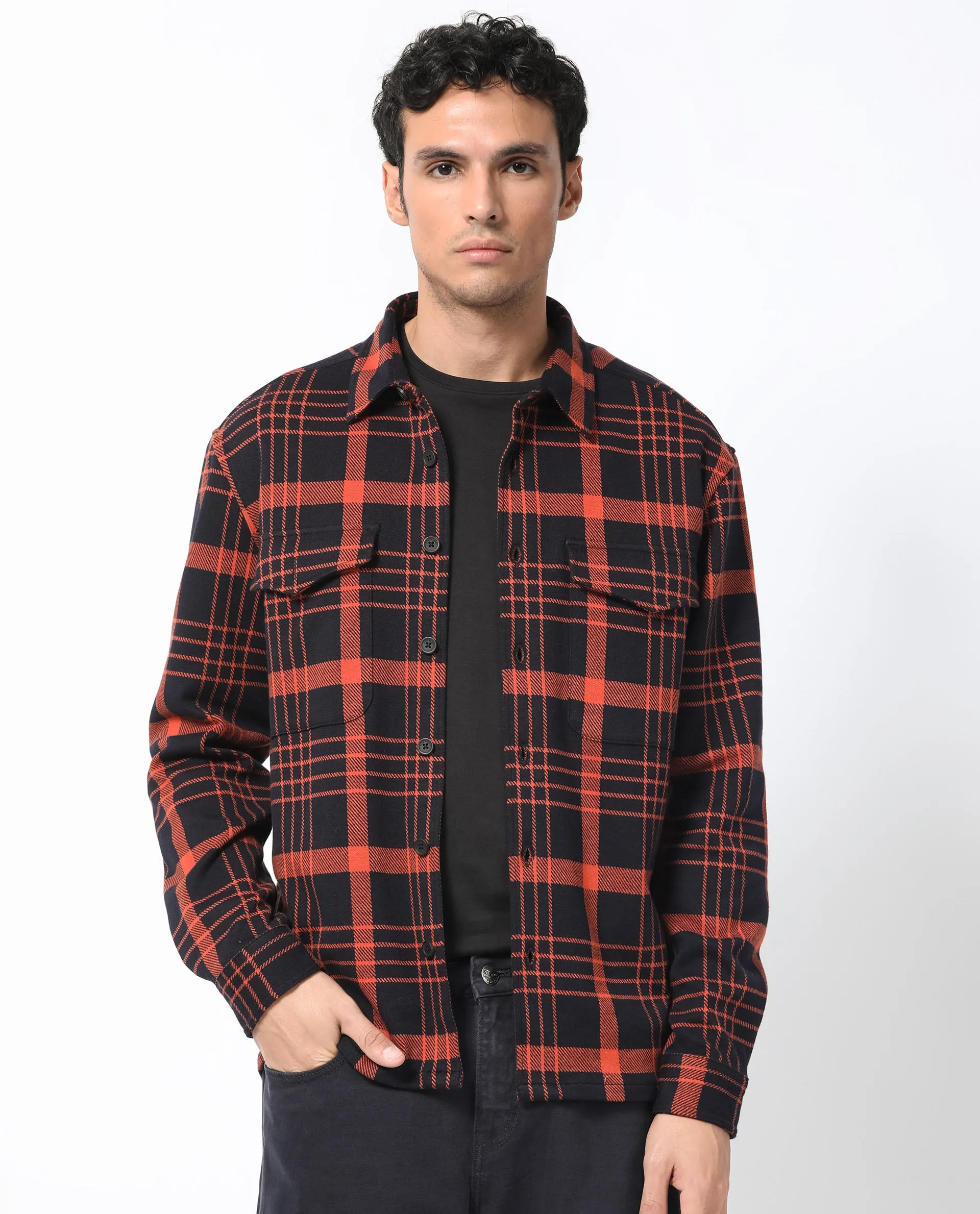 Rare Rabbit Men's Vega Black Cotton Polyester Fabric Full Sleeves Button Closure Checks Shacket