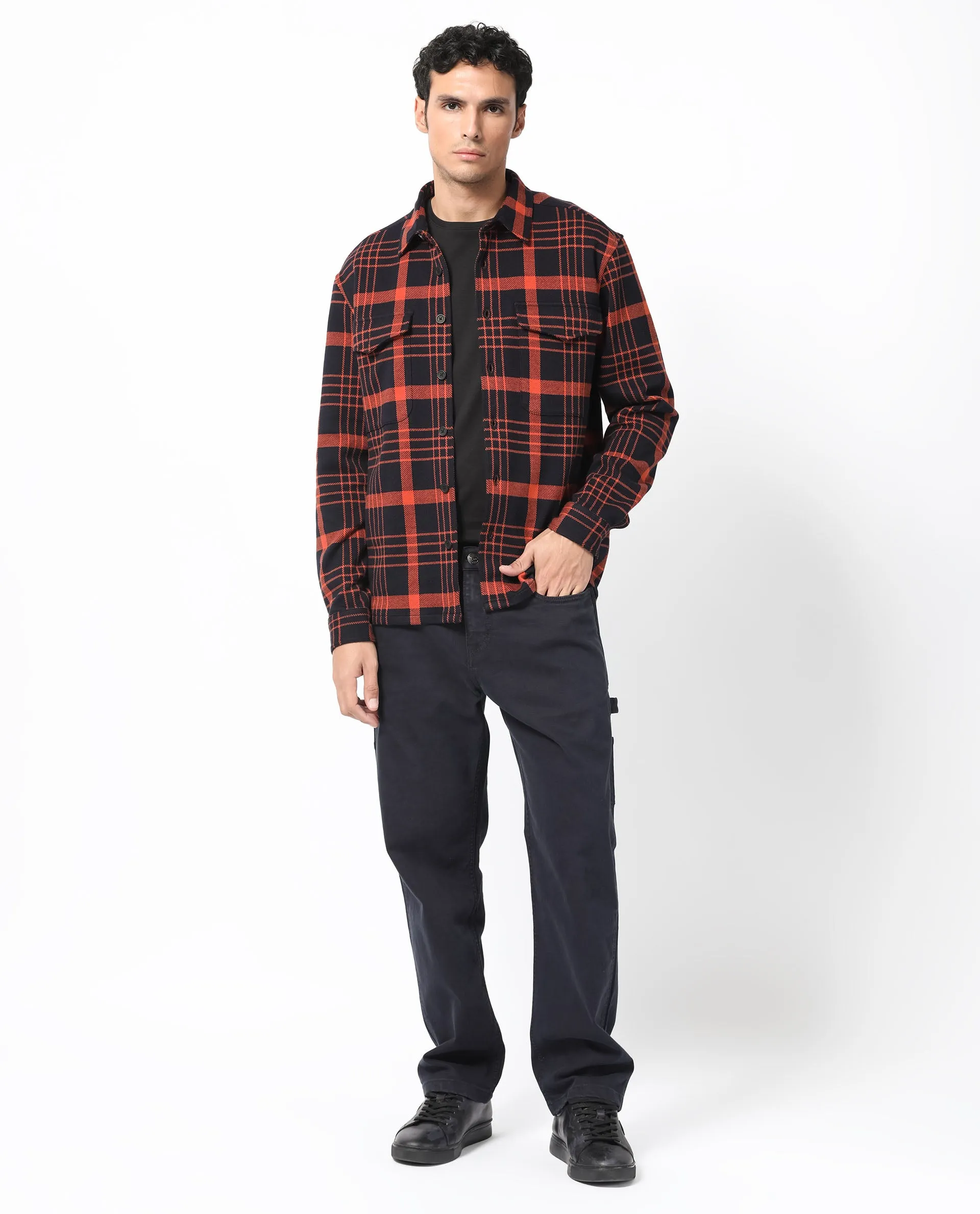 Rare Rabbit Men's Vega Black Cotton Polyester Fabric Full Sleeves Button Closure Checks Shacket