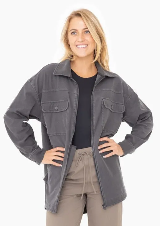 Relaxed Charcoal Gray Zip Up Shacket