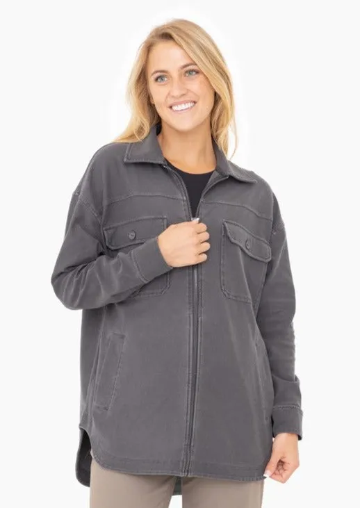 Relaxed Charcoal Gray Zip Up Shacket