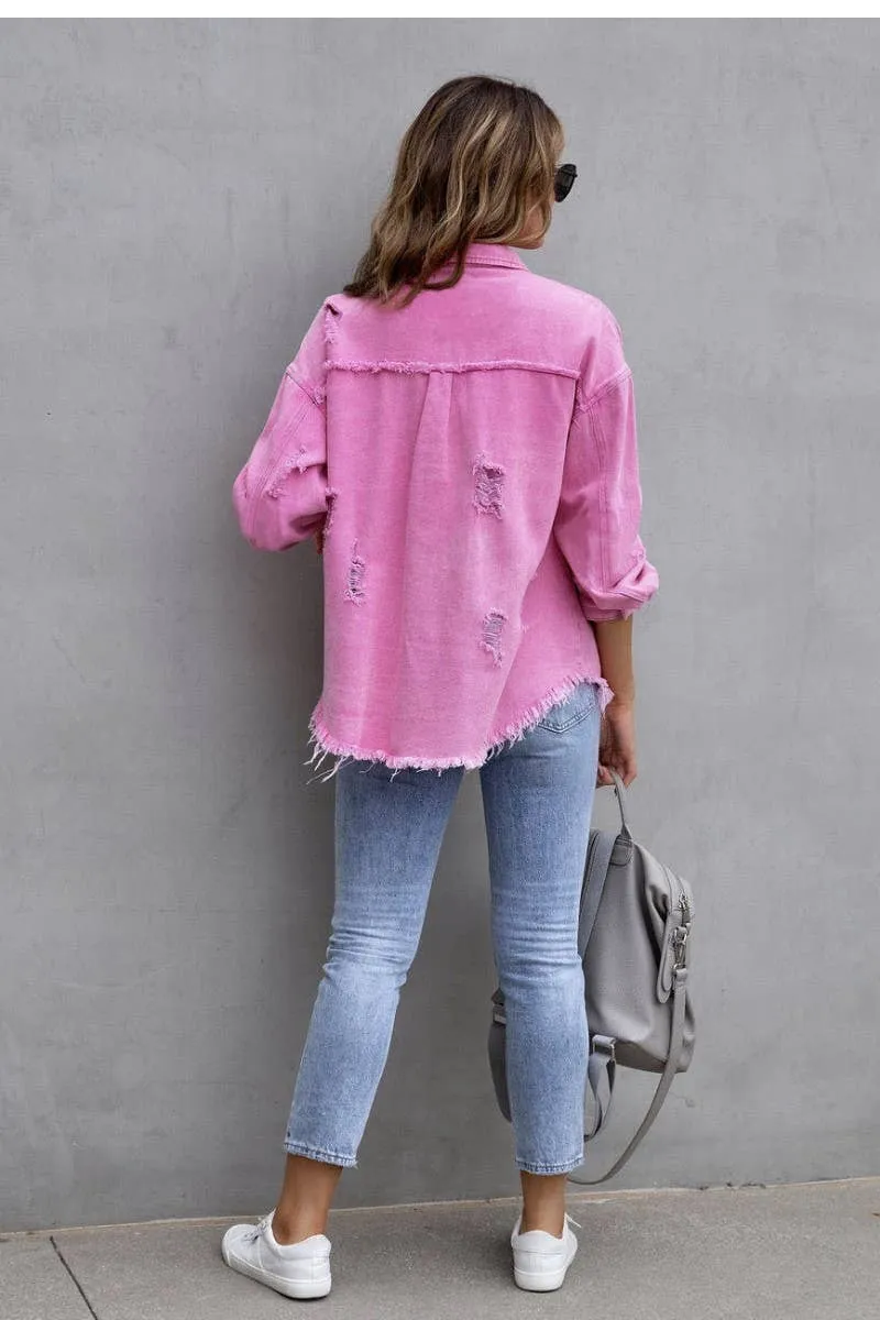 Ripped Fringe Jean Jacket - Pink