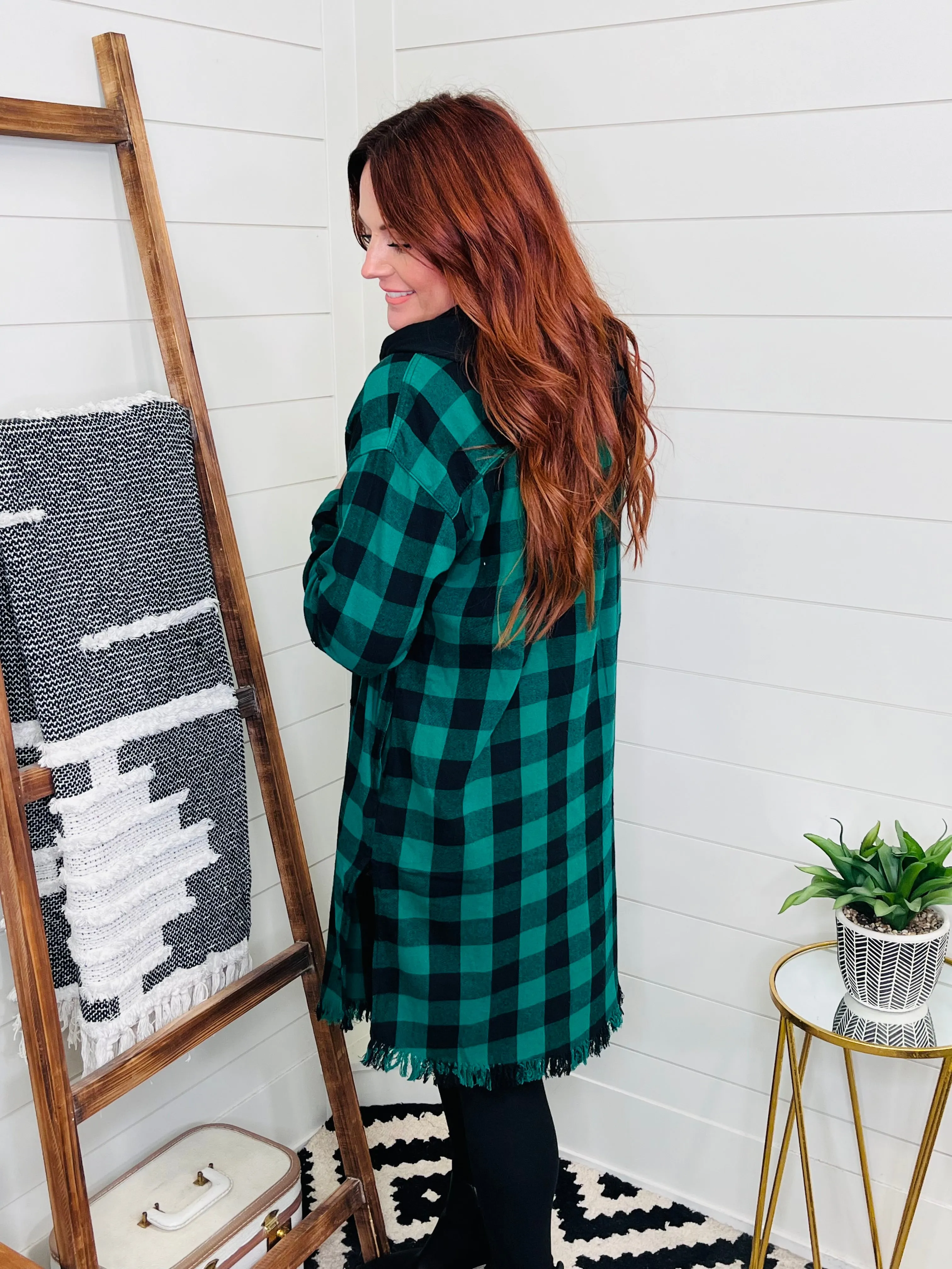 Risen Green Plaid Hooded Longline Shacket w/ pockets