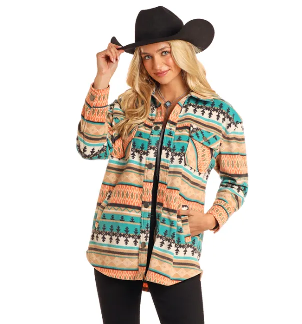 Rock & Roll Cowgirl Women's Turquoise Aztec Fleece Shirt Jacket BW92C05212