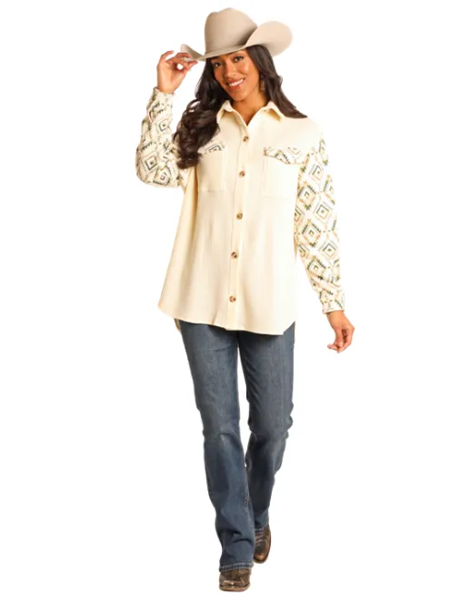 Rock and Roll Cowgirl Women's Ivory Aztec Waffle Knit Button Down Shacket BW92C04500