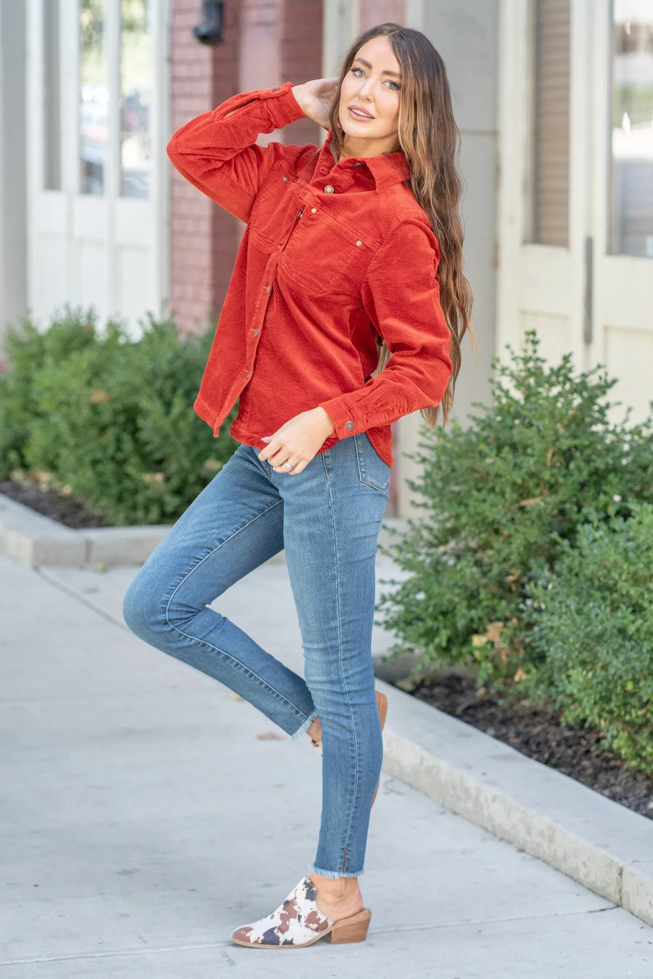 Rust Corduroy Over-dyed Fringe Shacket