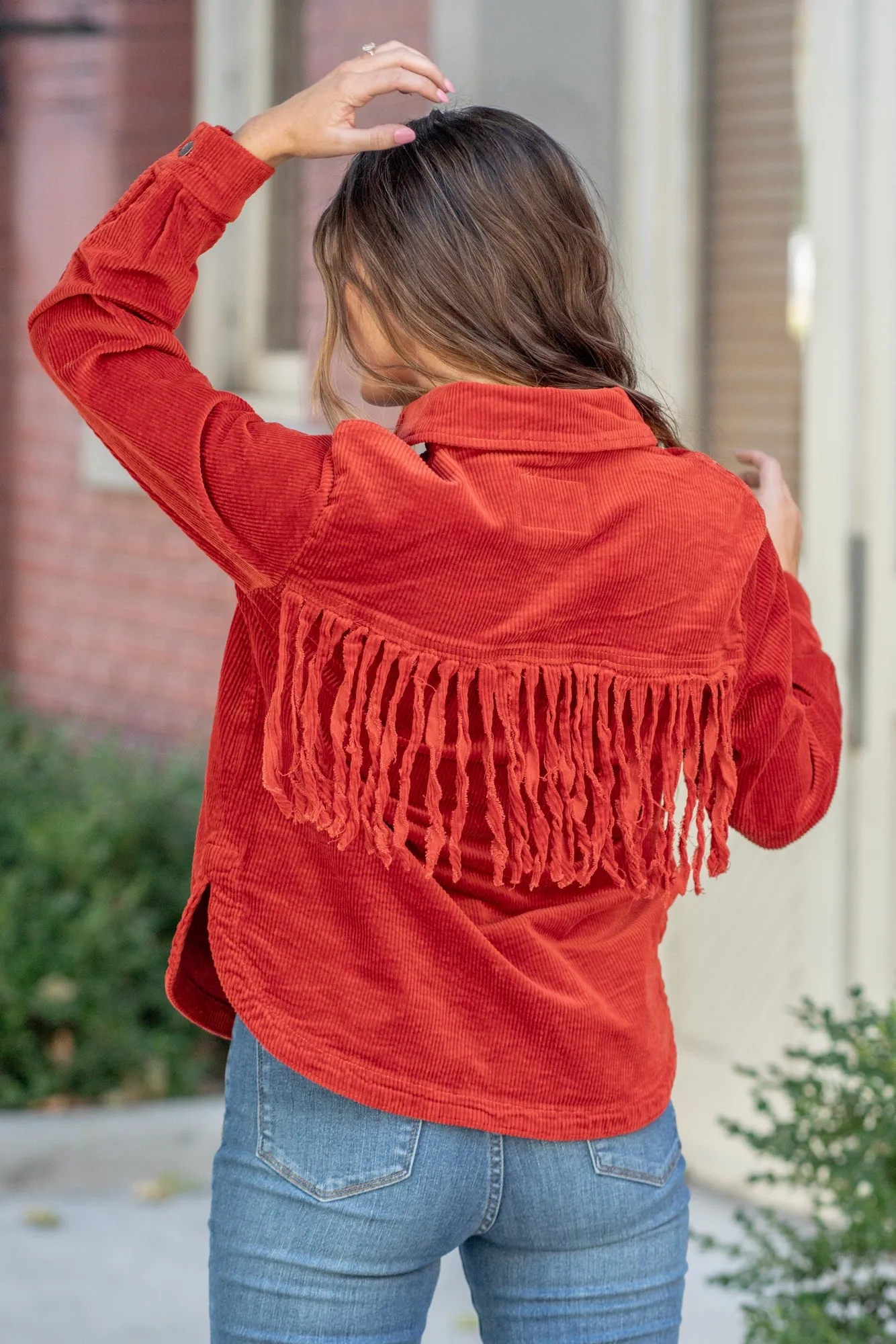 Rust Corduroy Over-dyed Fringe Shacket