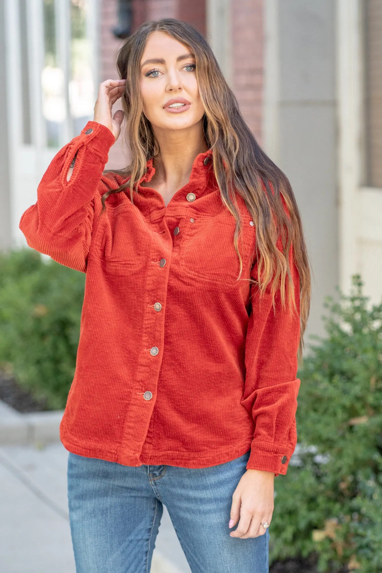 Rust Corduroy Over-dyed Fringe Shacket