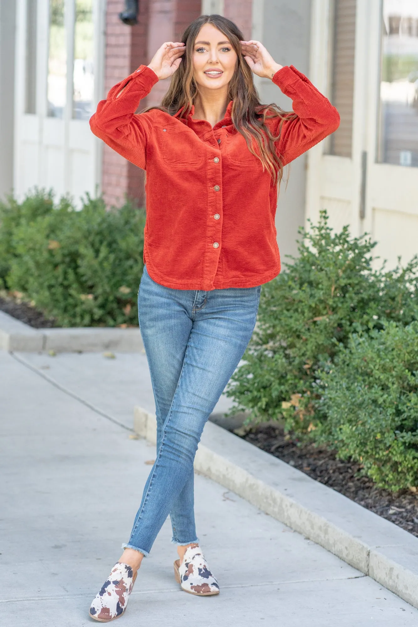 Rust Corduroy Over-dyed Fringe Shacket