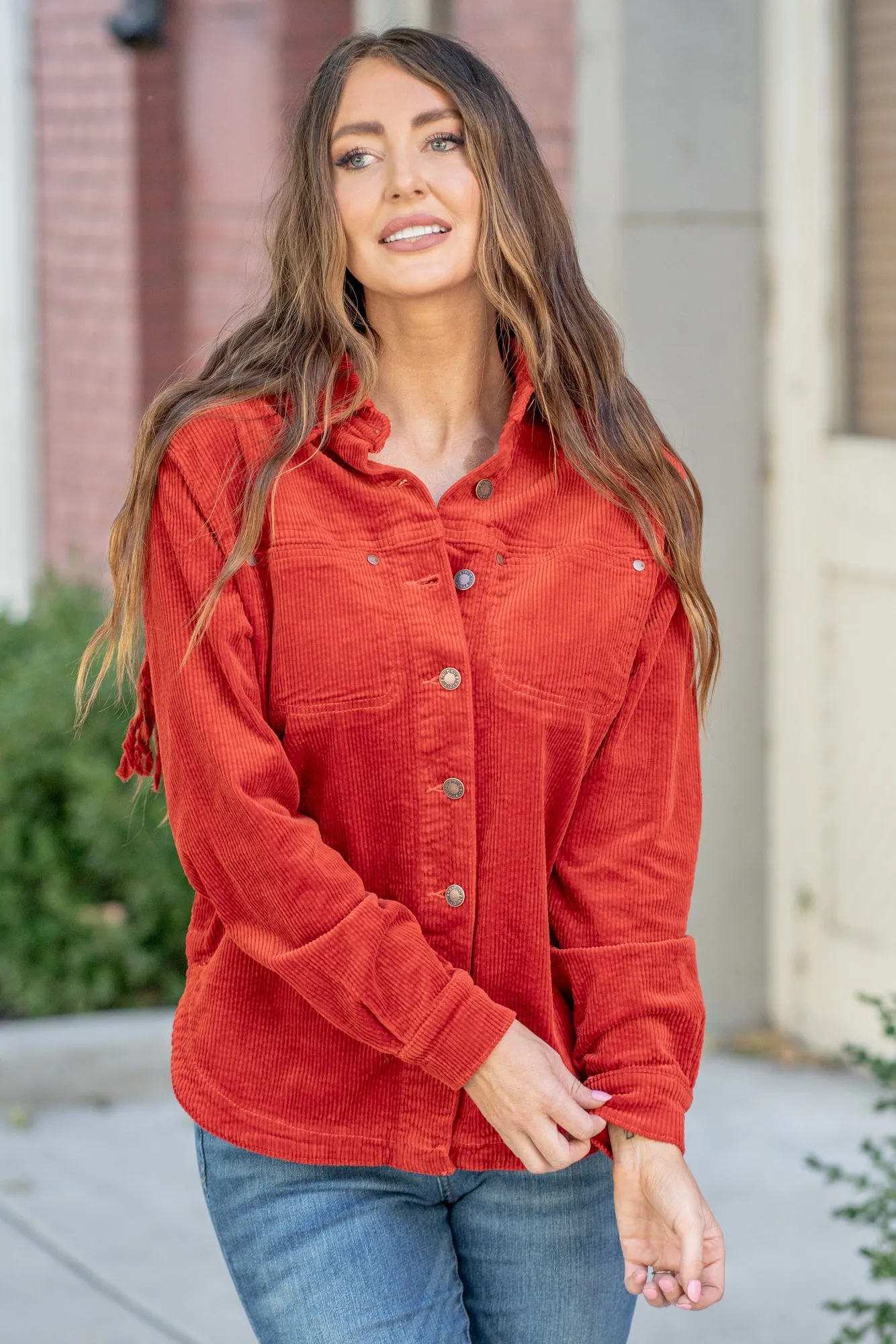 Rust Corduroy Over-dyed Fringe Shacket