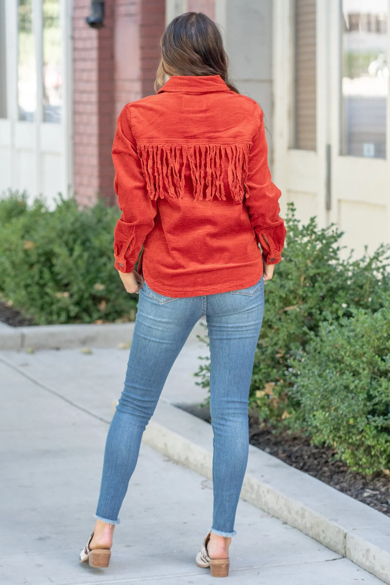 Rust Corduroy Over-dyed Fringe Shacket