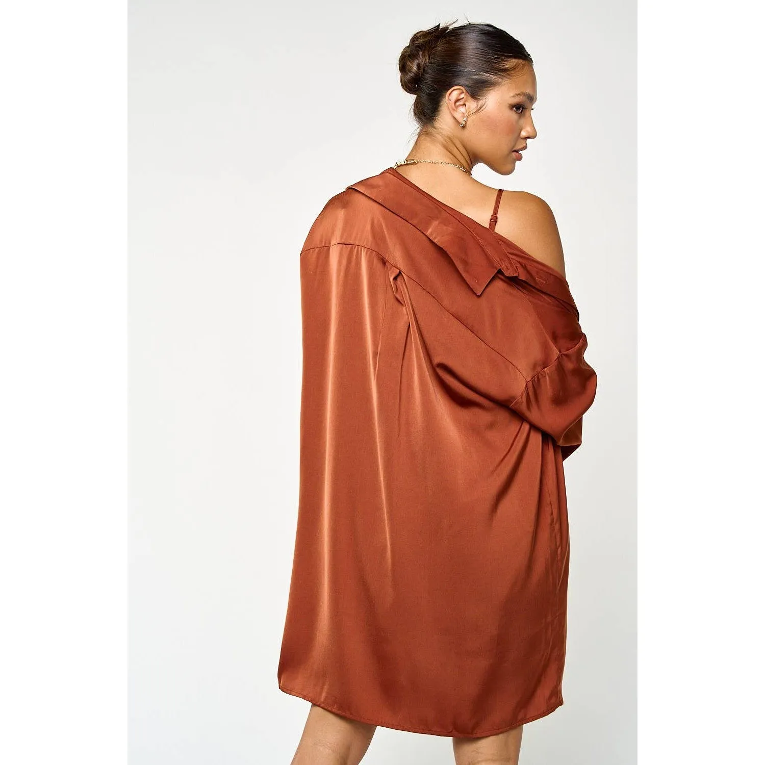 Satin Slip-On Dress and Shirt Set in Cognac [Sizes SM-L]