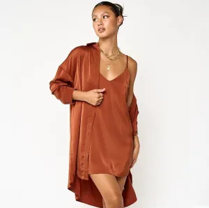 Satin Slip-On Dress and Shirt Set in Cognac [Sizes SM-L]