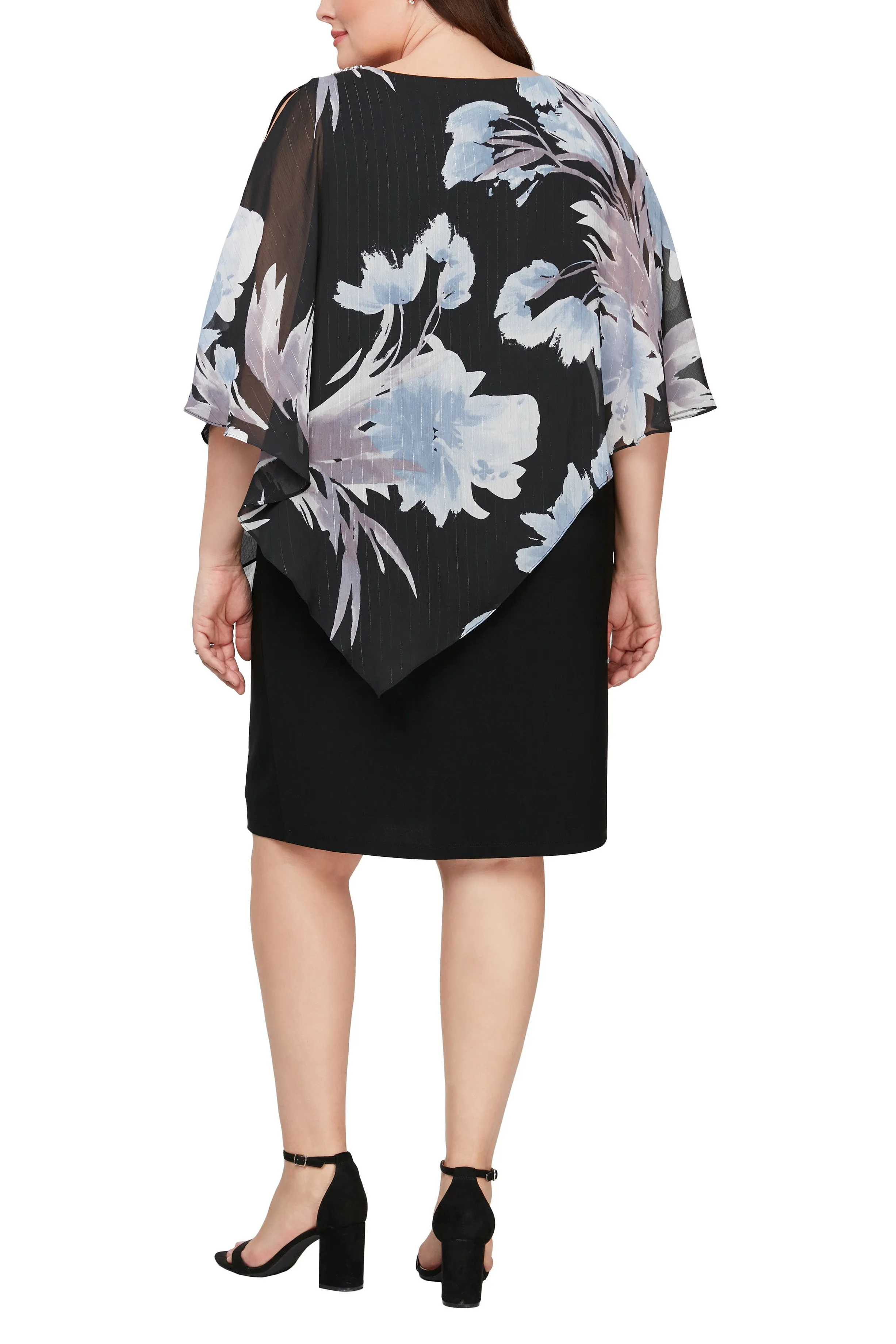 SL Fashion Crew Neck Asymmetrical Slit Cape Sleeve Multi Print Chiffon Dress