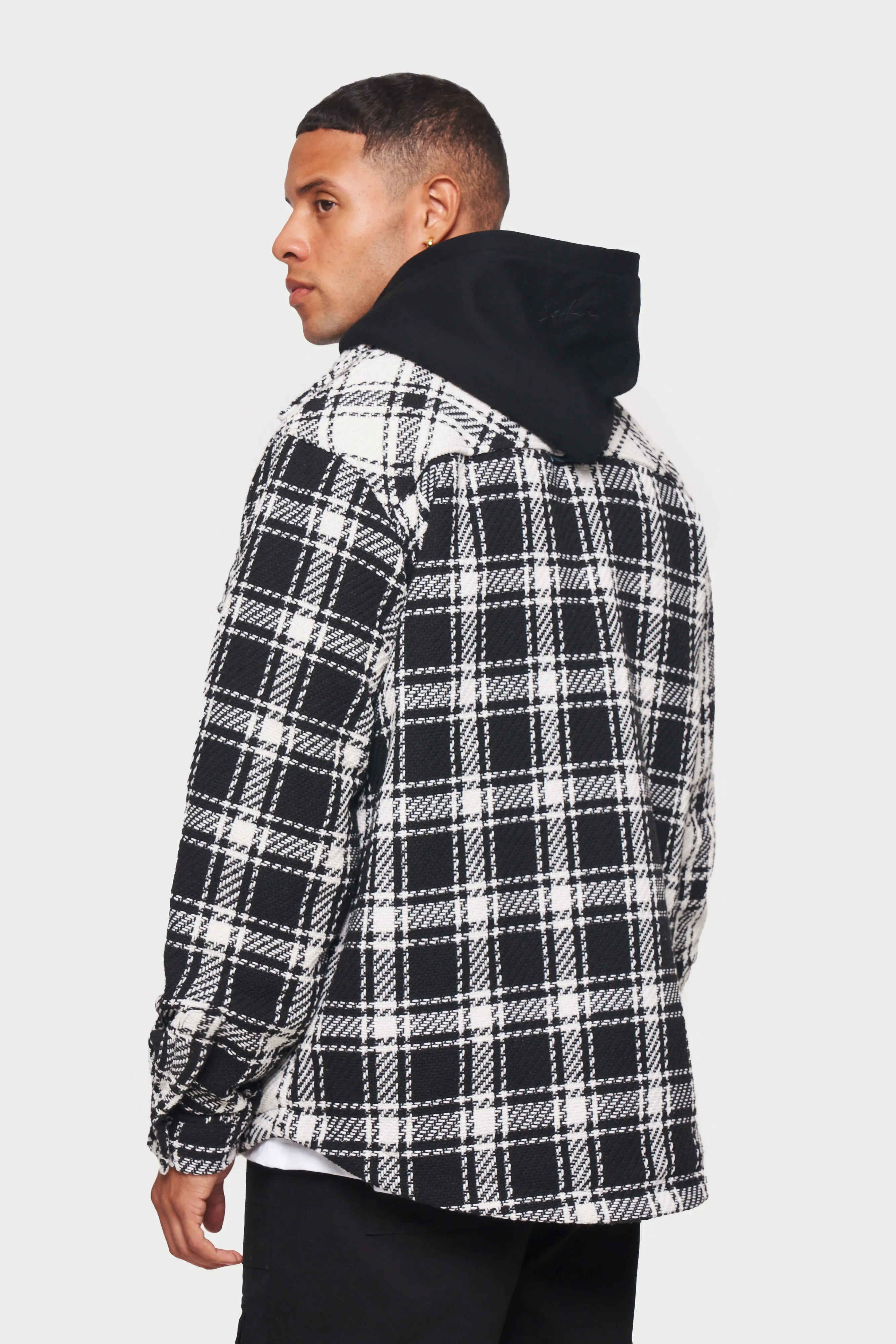 SPLICED HOODED SHACKET - BLACK WHITE