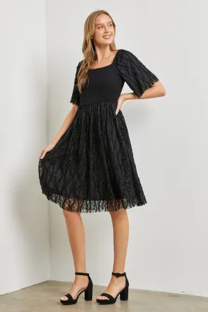 SQUARE NECK LACE SMOCKED DRESS