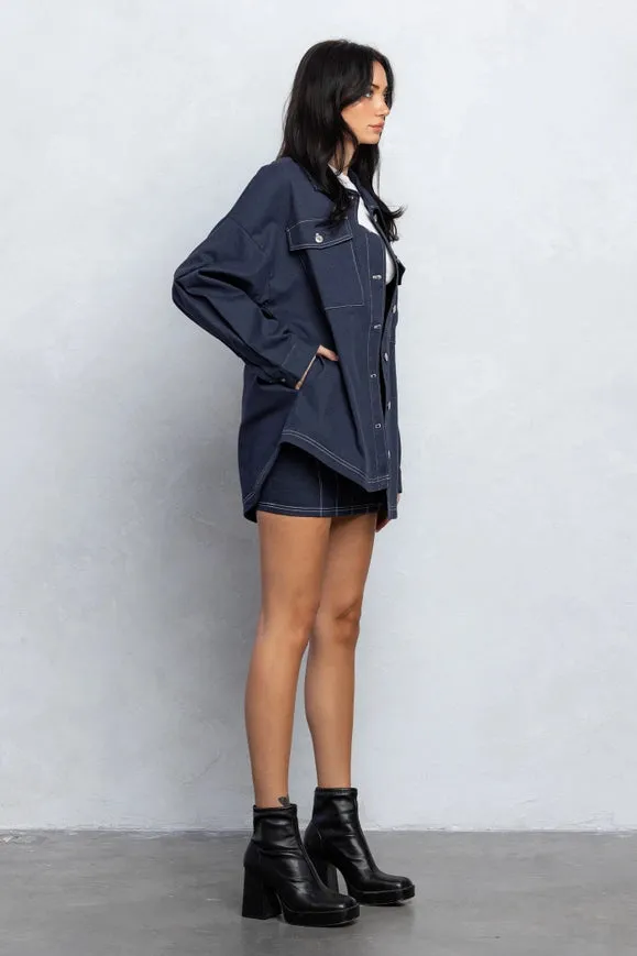 Stitch Detail Loose Fit Shacket and Mini Skirt Set NAVY