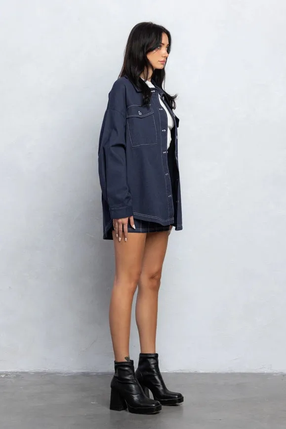 Stitch Detail Loose Fit Shacket and Mini Skirt Set NAVY