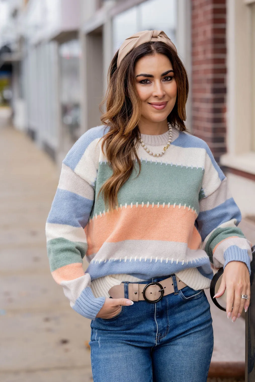 Stitched Accented Color Blocked Sweater