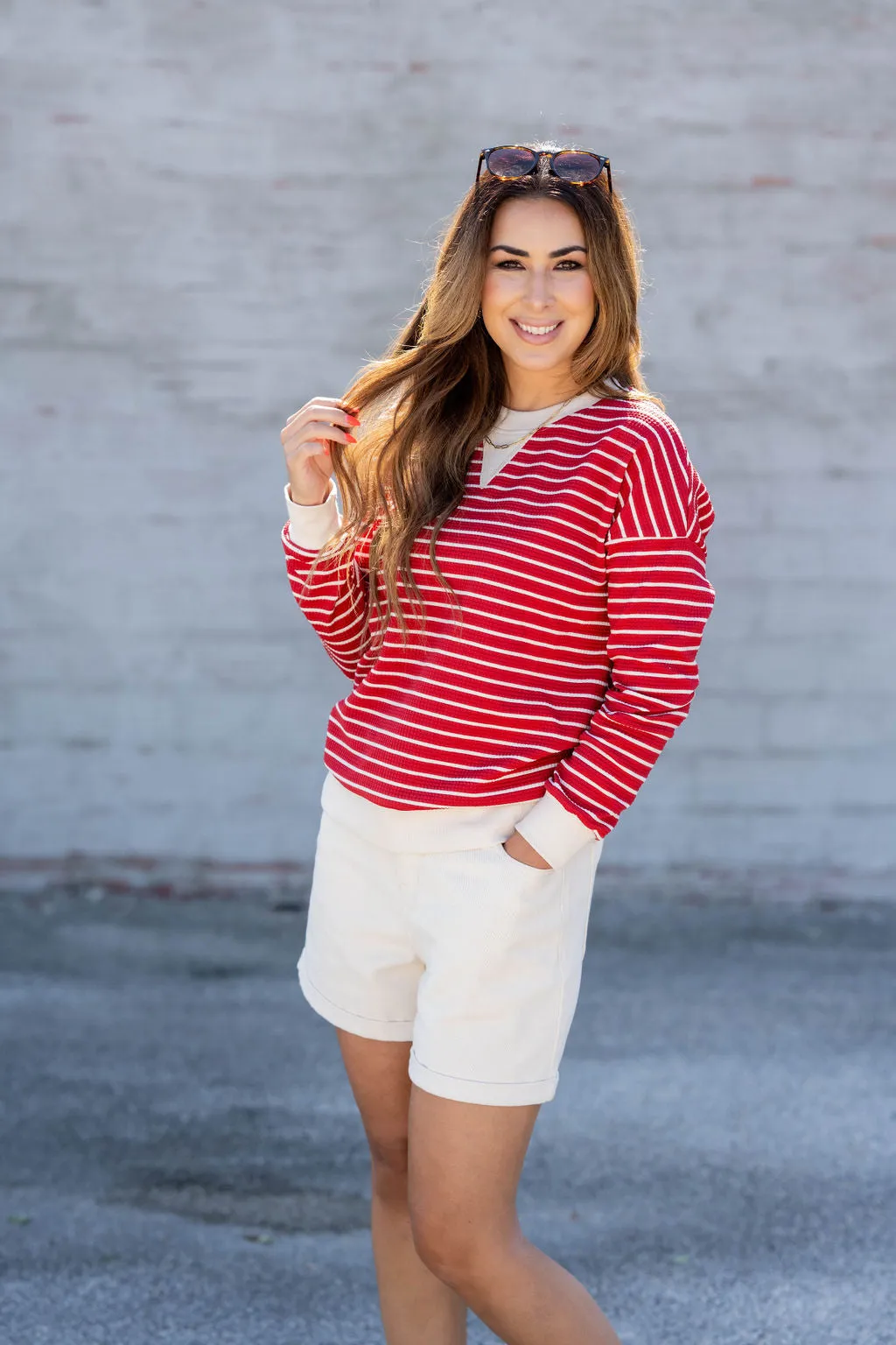 Striped Solid Trim Waffle Sweatshirt