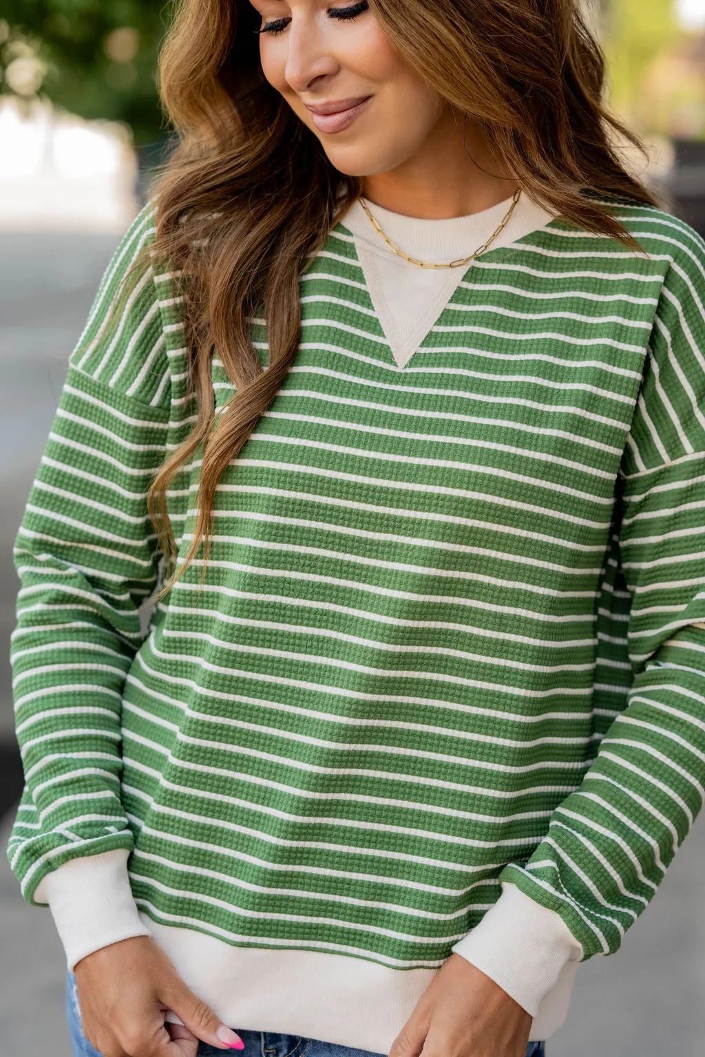 Striped Solid Trim Waffle Sweatshirt