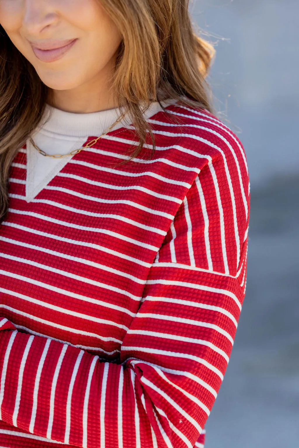 Striped Solid Trim Waffle Sweatshirt