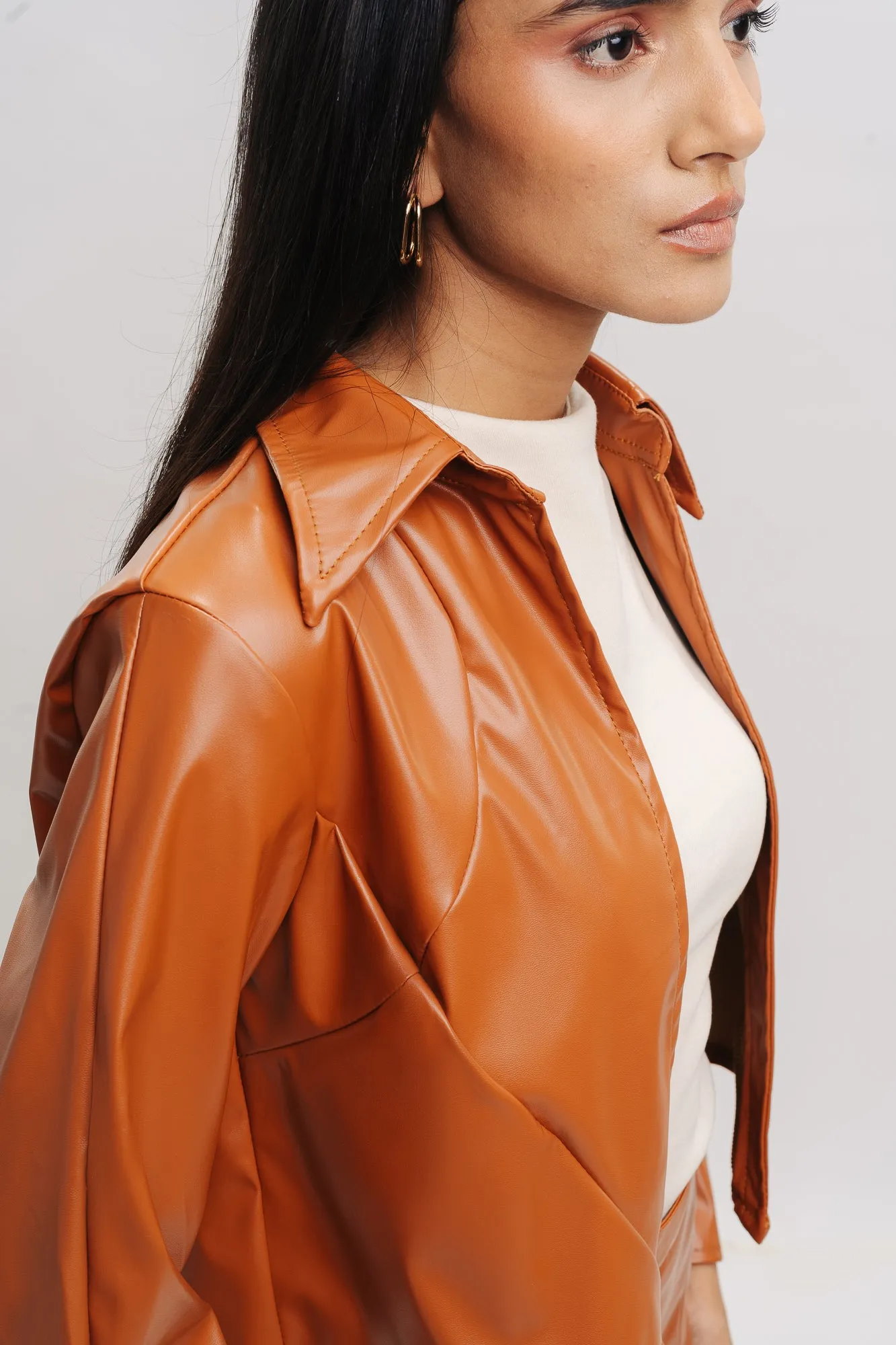 Tan Leather Crop Shacket