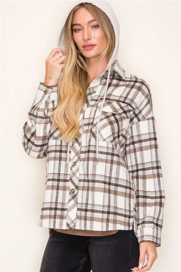 Taupe Next Chapter Plaid Hooded Shacket - FINAL SALE