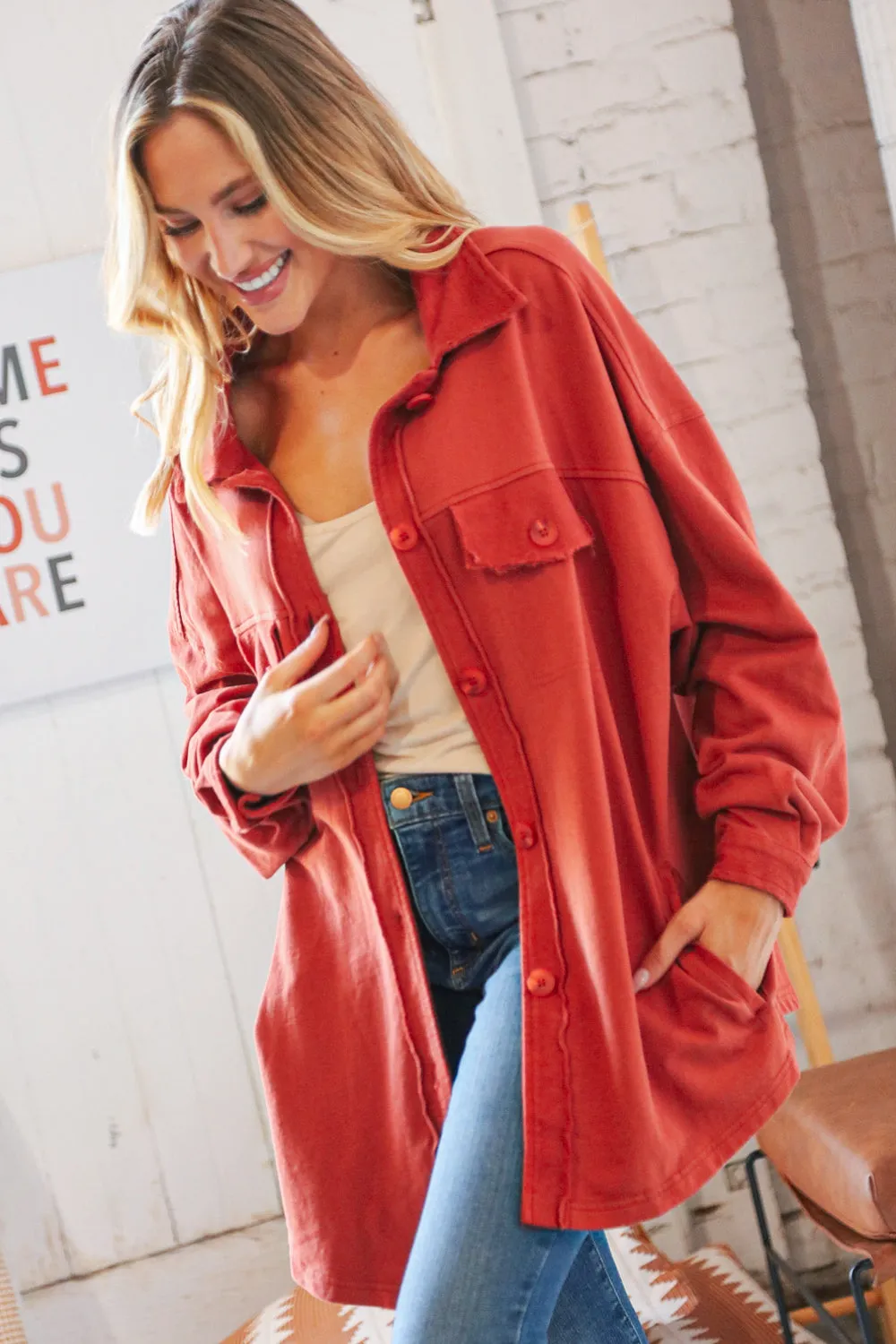 Terracotta Terry Button Down Oversized Shirt Shacket