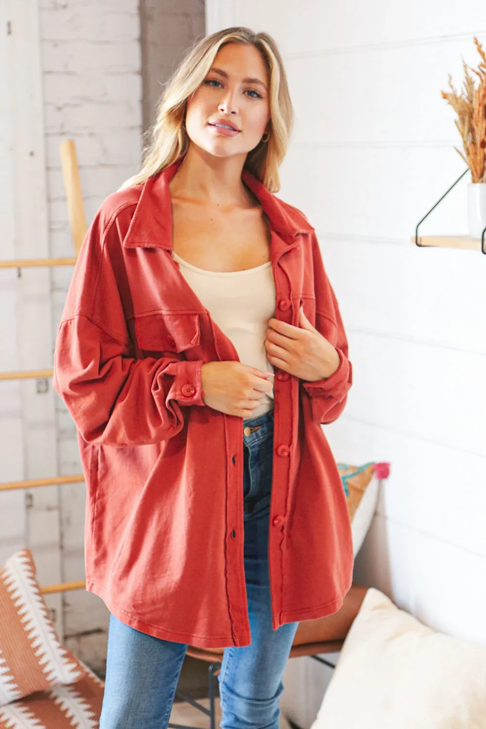 Terracotta Terry Button Down Oversized Shirt Shacket