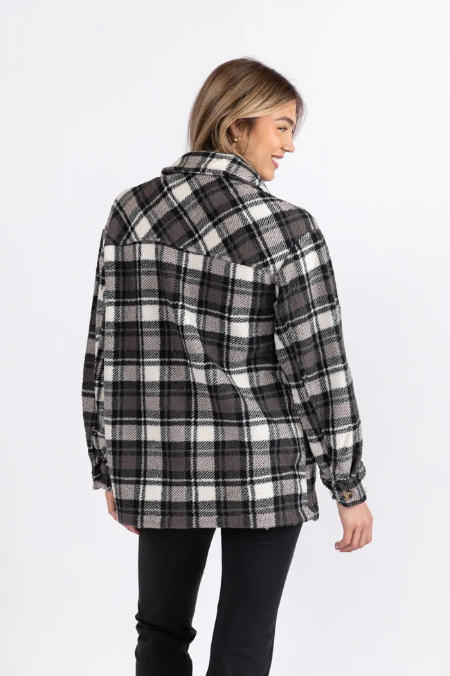 Through The Leaves Black Plaid Sherpa Shacket