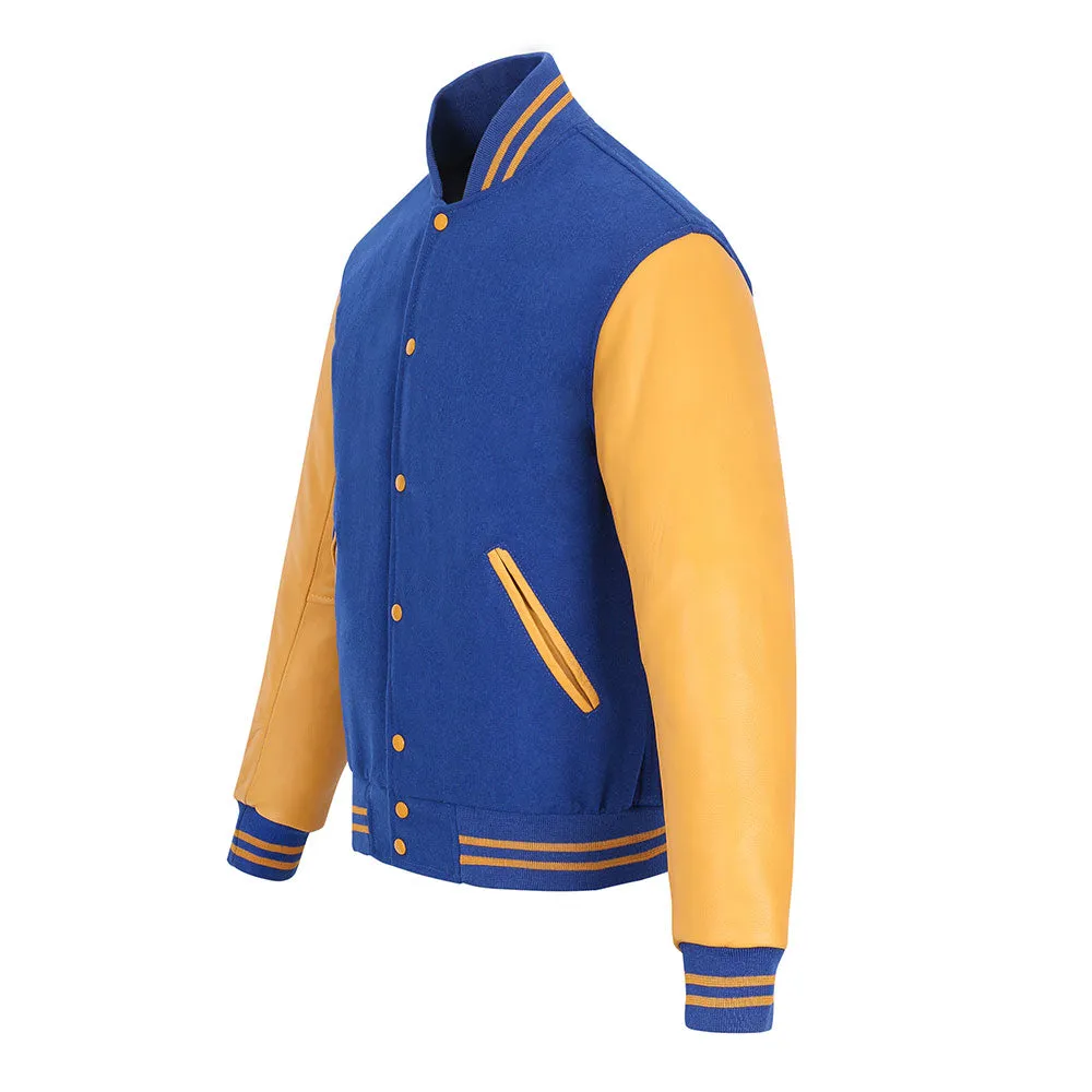 Warrior Gears Classic Hybrid Varsity Jacket University Letterman Bomber Jacket, Pure Wool & Original Cowhide Leather Jacket, Royal Blue Wool Body & Goldish Yellow Leather Sleeves