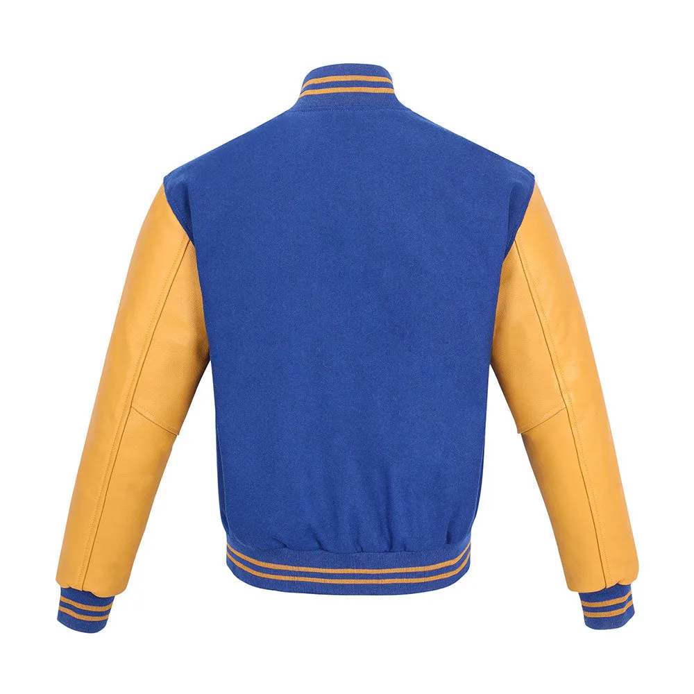 Warrior Gears Classic Hybrid Varsity Jacket University Letterman Bomber Jacket, Pure Wool & Original Cowhide Leather Jacket, Royal Blue Wool Body & Goldish Yellow Leather Sleeves