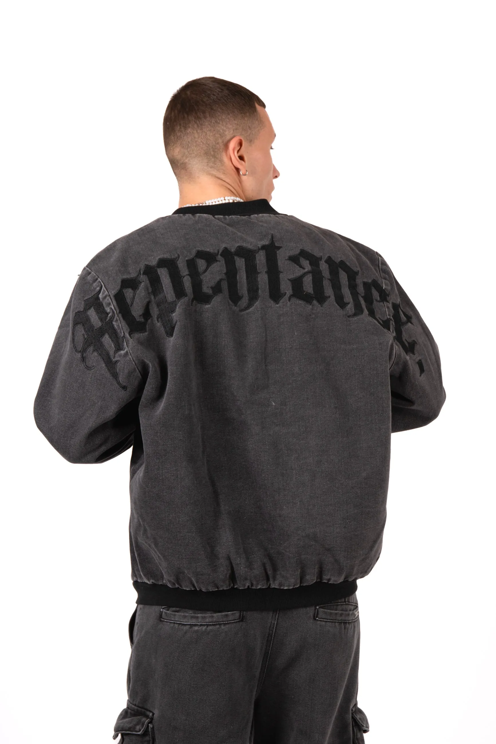 Washed Black 'Repentance' Motif Bomber Jacket