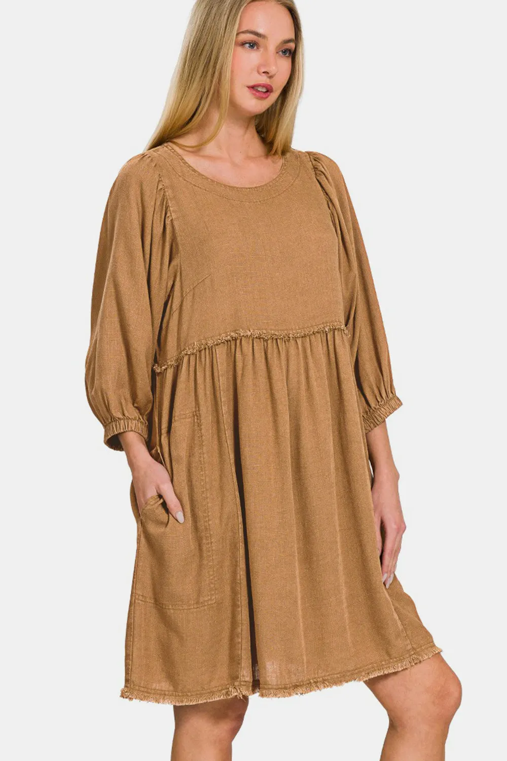 Washed Linen Pleated Puff Sleeve Babydoll Dress *Web Exclusive* Ships ONLY!