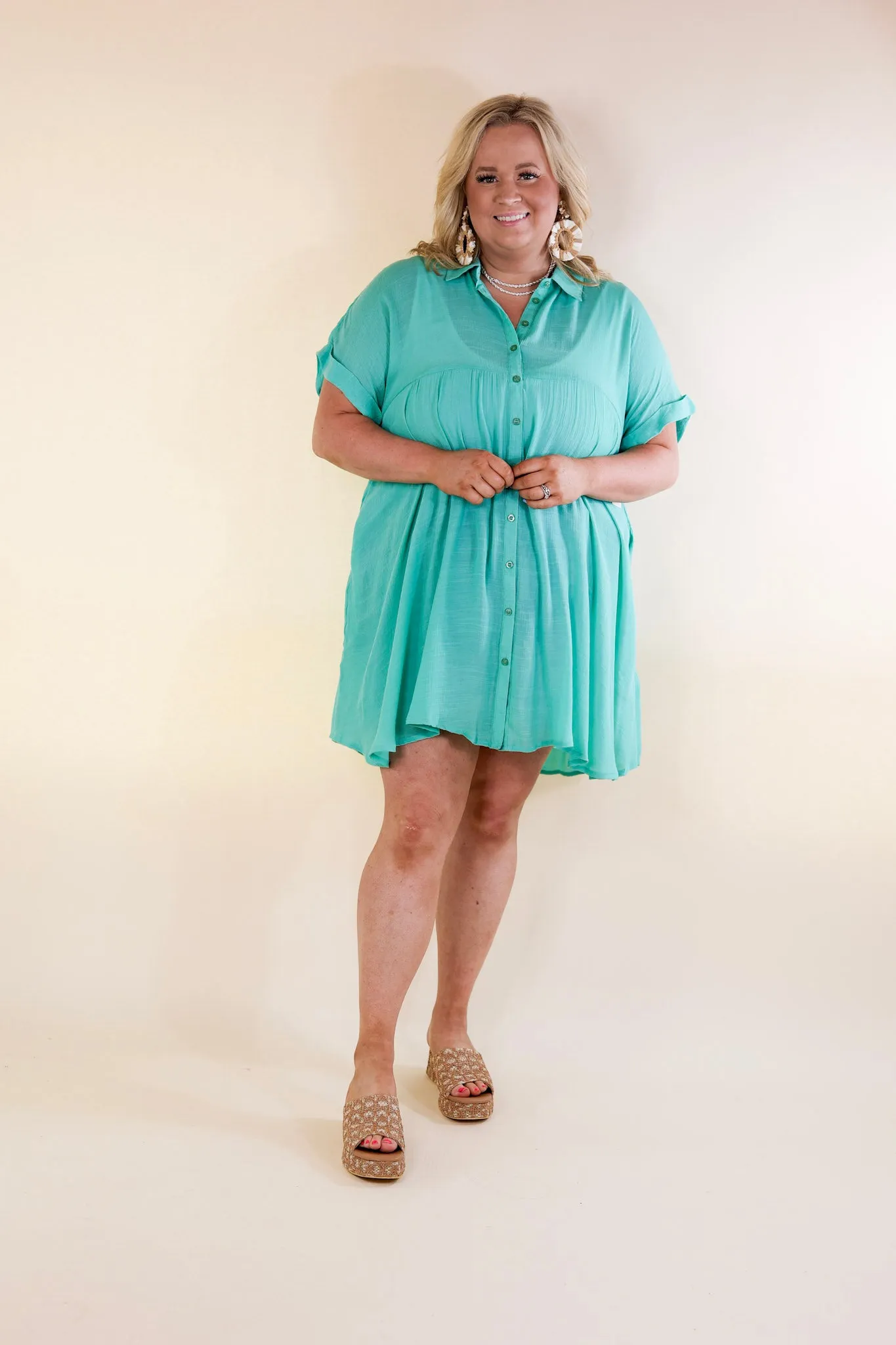 Wildest Dreams Button Up Short Sleeve Tunic Dress in Turquoise