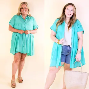 Wildest Dreams Button Up Short Sleeve Tunic Dress in Turquoise