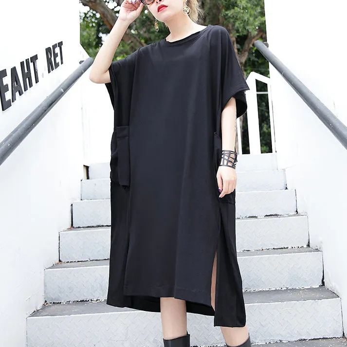 women black cotton dress plus size clothing big pockets cotton gown Elegant side open kaftans