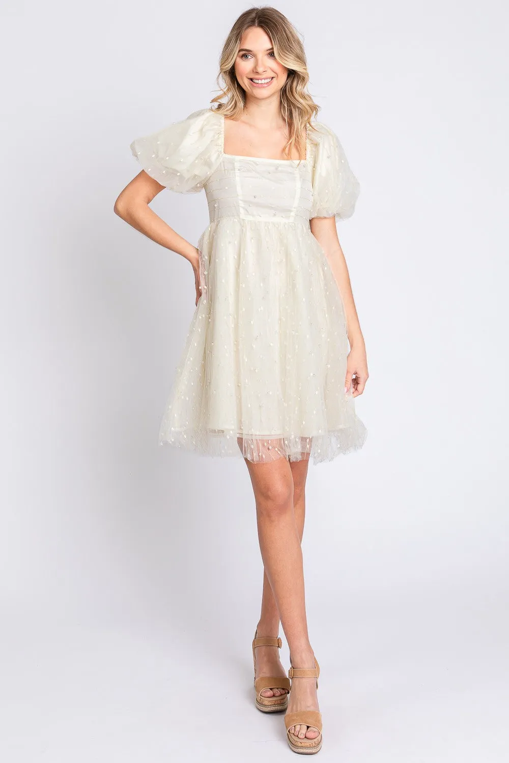 Women's GeeGee Pearl Mesh Puff Sleeve Babydoll Dress