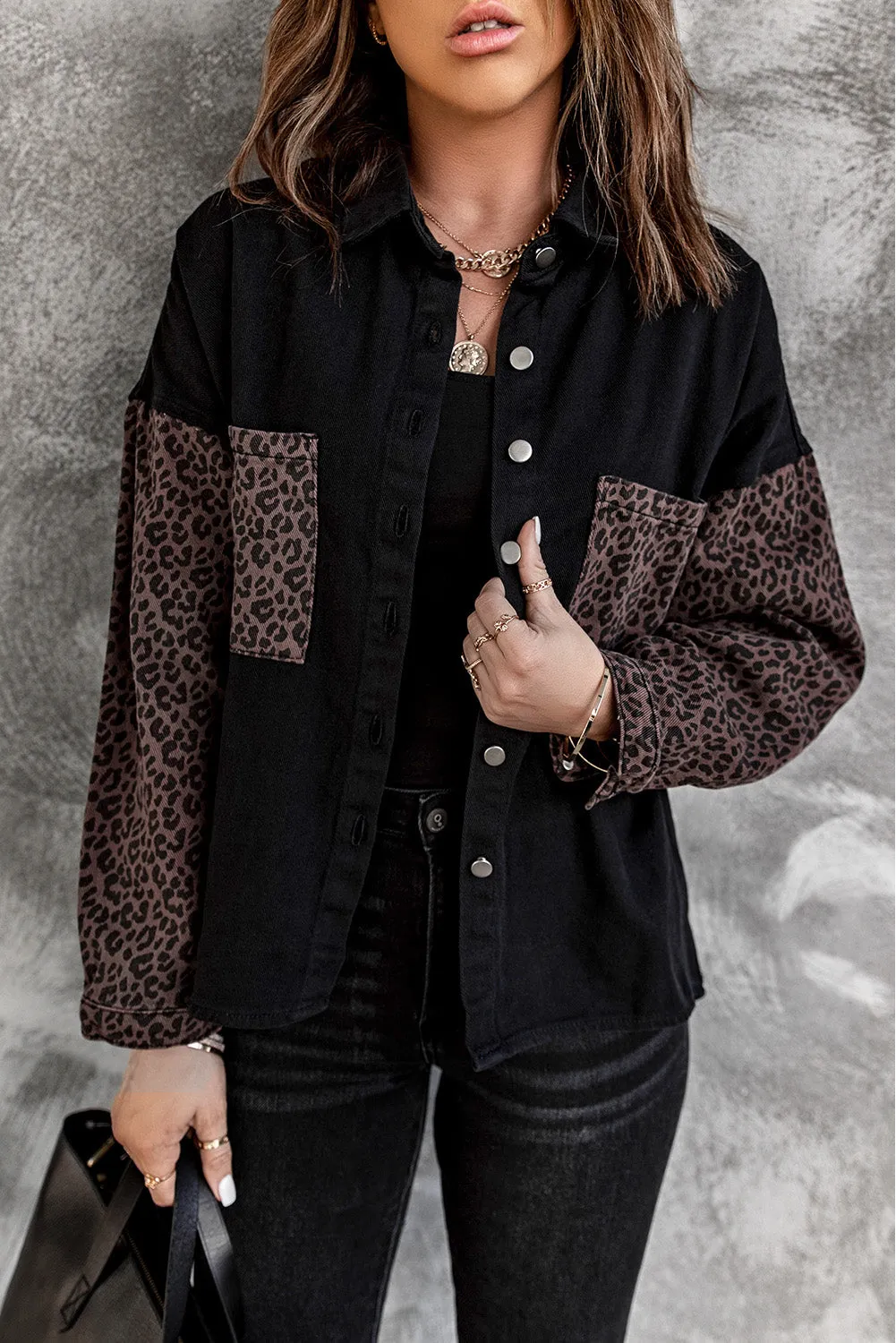 Womens Leopard Contrast Denim Jackets Boyfriend Oversized Blouses Tops