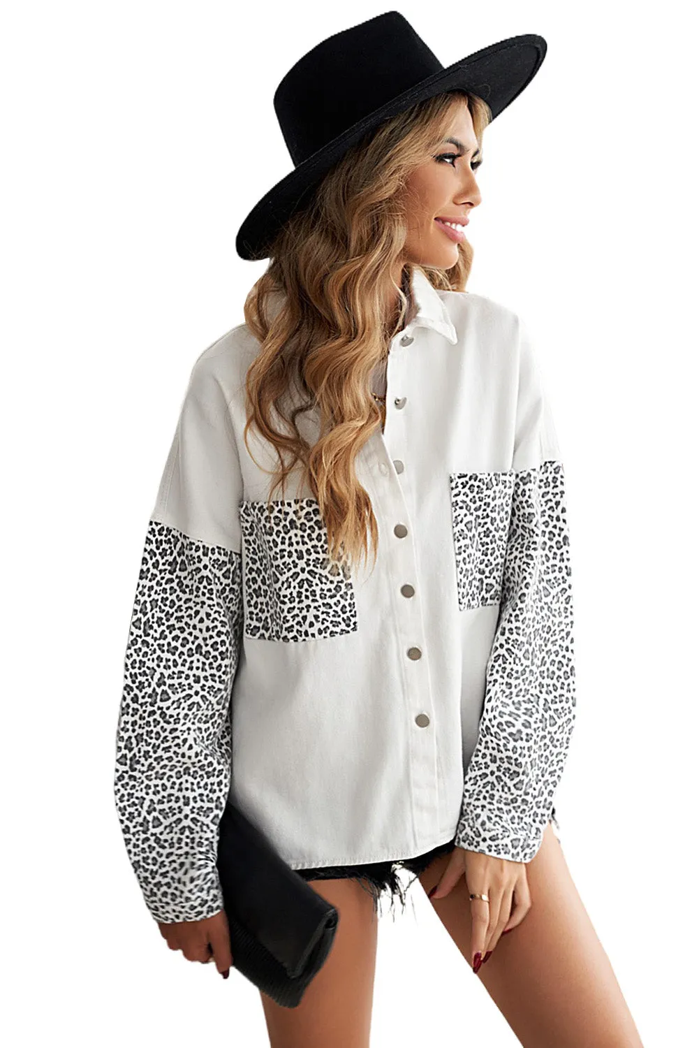 Womens Leopard Contrast Denim Jackets Boyfriend Oversized Blouses Tops