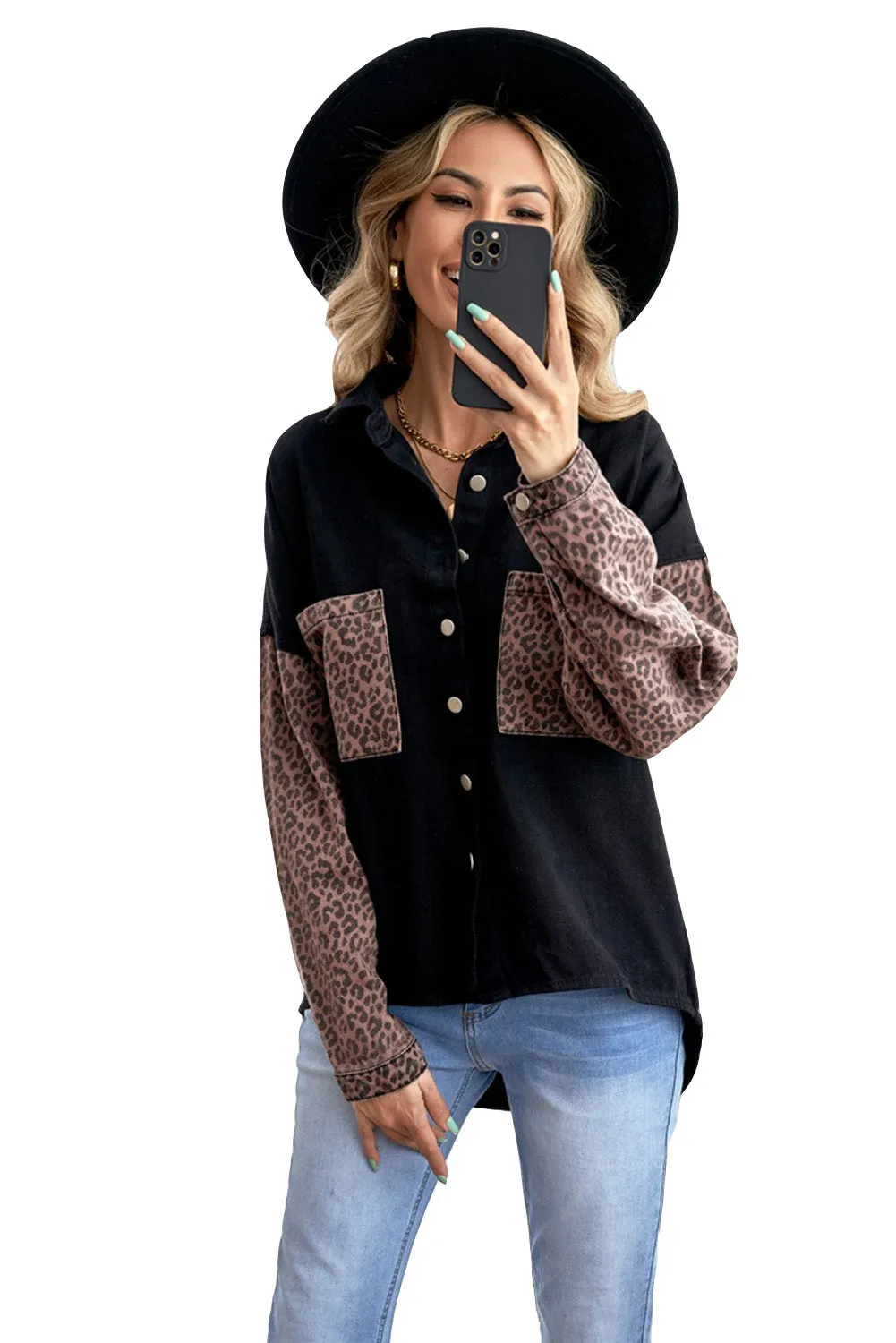 Womens Leopard Contrast Denim Jackets Boyfriend Oversized Blouses Tops