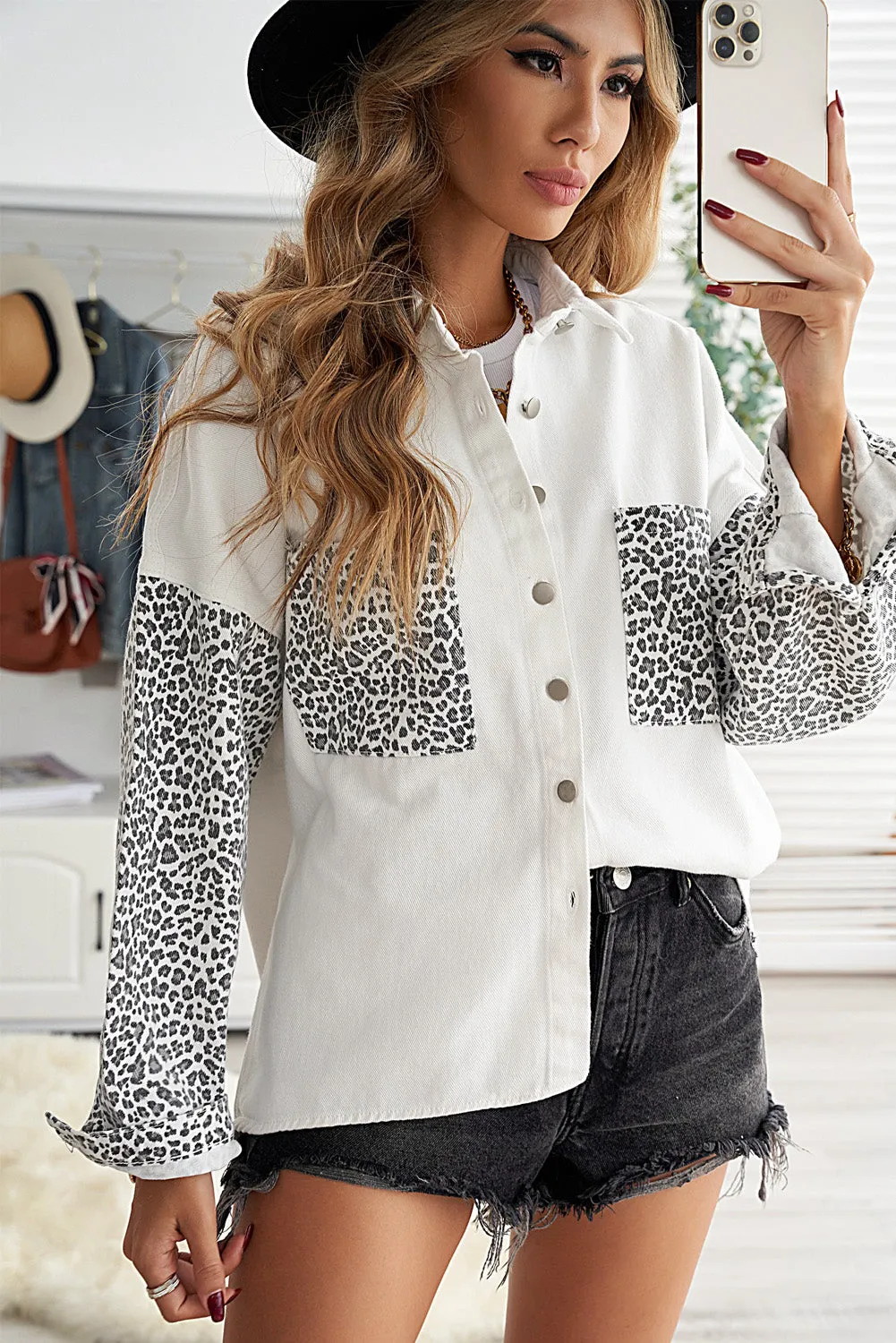 Womens Leopard Contrast Denim Jackets Boyfriend Oversized Blouses Tops