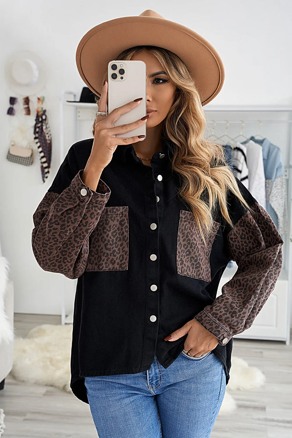 Womens Leopard Contrast Denim Jackets Boyfriend Oversized Blouses Tops