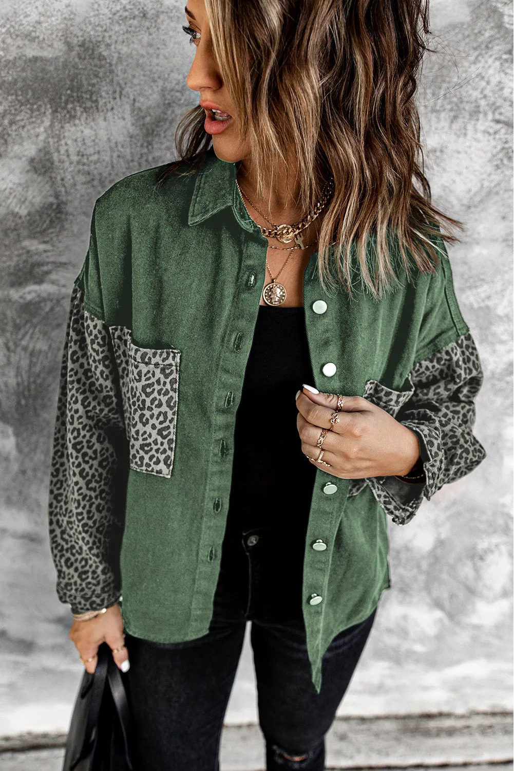 Womens Leopard Contrast Denim Jackets Boyfriend Oversized Blouses Tops