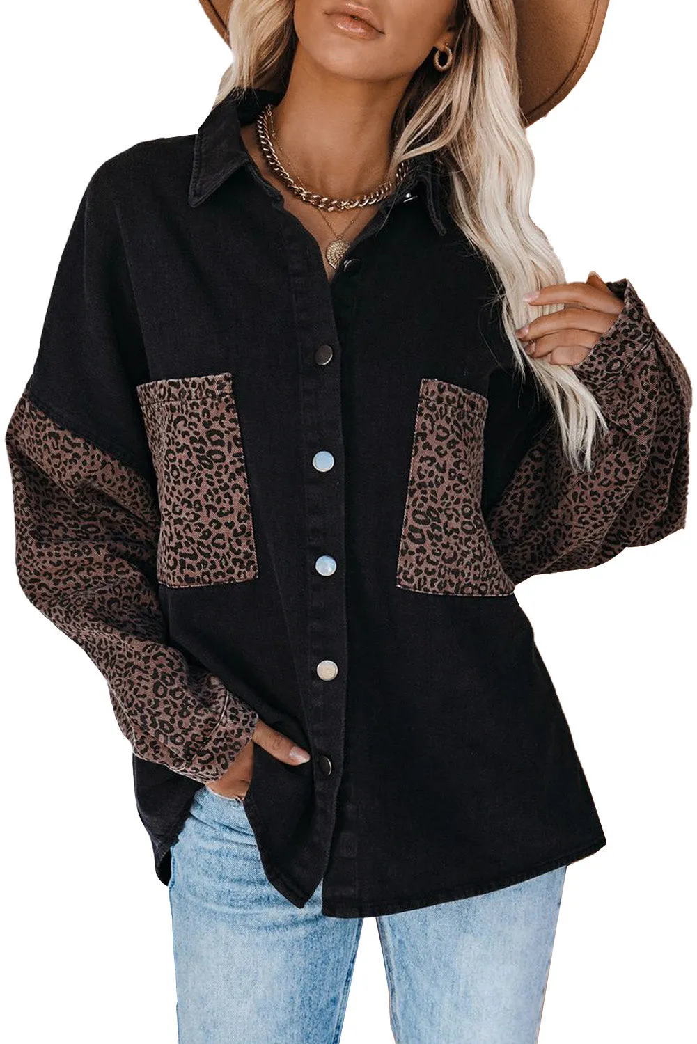 Womens Leopard Contrast Denim Jackets Boyfriend Oversized Blouses Tops